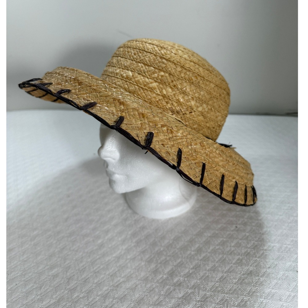 Liz Claiborne Women Natural Straw‎ Sun Hat Wide Brim Whipstitch Detail Tan Brown